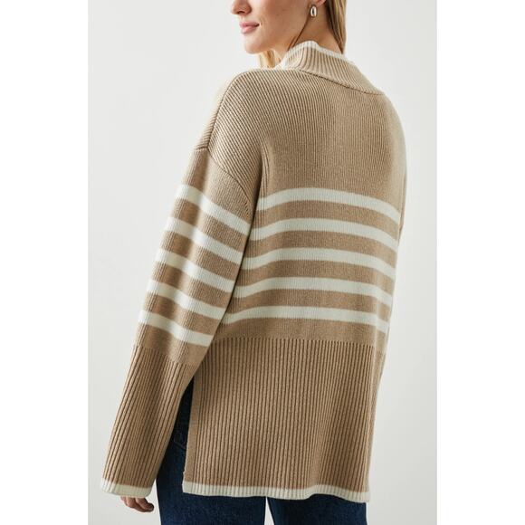 Rails Tessa Sand Stripe Tan Merino Wool Quarter Zip Sweater Size Large - Picture 2 of 6